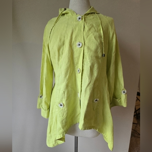 For Cynthia Lagenlook Yellow/Green 100% Linen Hooded Avante Garde Jacket Women S - Picture 1 of 8